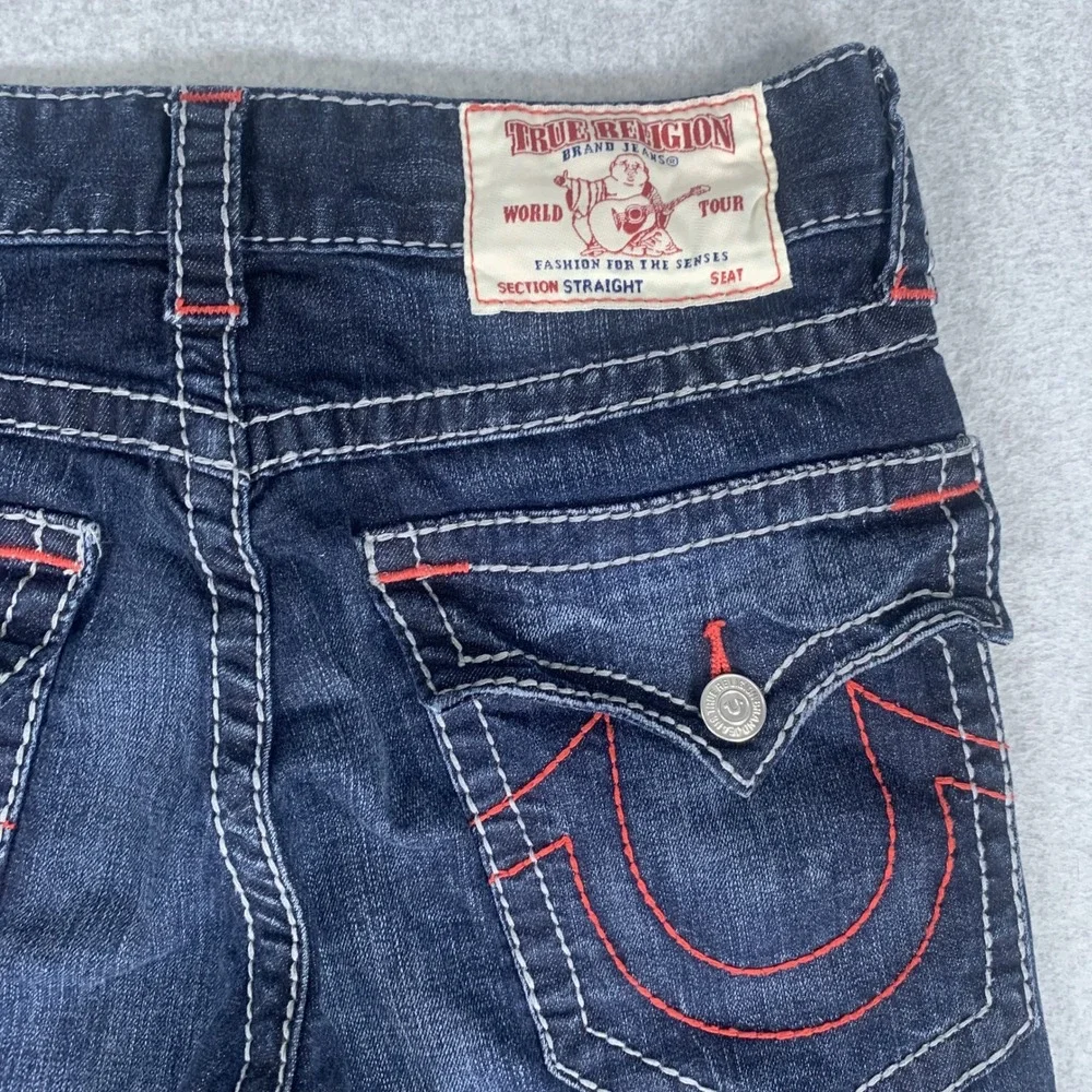True Religion Straight Flap Jeans Mens 29 Dark Wash Big T Stitch
